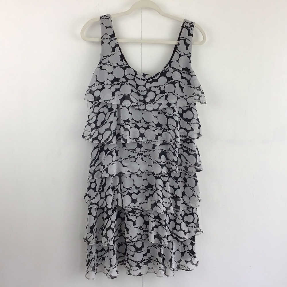 Scarlett grey and black print sleeveless ruffle tiered mini dress. Size 8.